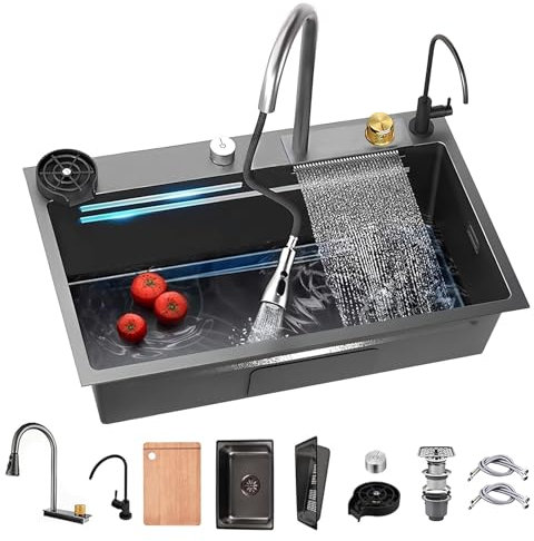 Lavandino da Cucina Nero Grigio a Cascata, Lavello Rettangolare Integrato in Acciaio Inox 80 x 45 cm, Stazione di Lavoro Con Rubinetto, Grande Vasca Singola
