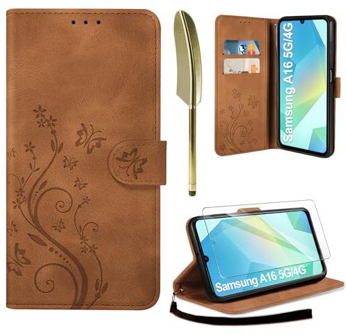 AROYI Lederhülle Kompatibel mit Samsung Galaxy A16 5G/4G Hülle und Schutzfolie, Flip Wallet Handyhülle PU Leder Case Kartensteckplätzen Schutzhülle Kompatibel mit Samsung Galaxy A16 5G Braun