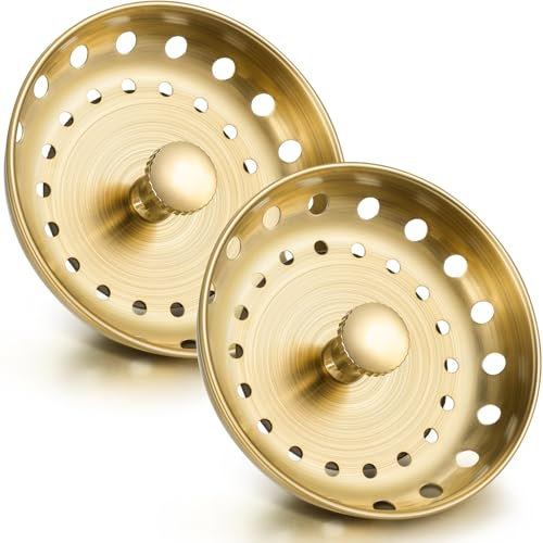 Retisee 2 Pcs Kitchen Sink Stopper Strainer Stainless Steel Drain Strainers for Universal 3-1/2 Inch Kitchen Sink Drain Replacement(Brushed Gold)