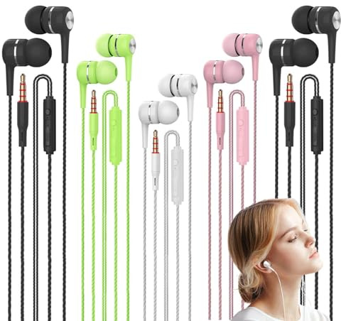 5 Pack Wired Earbuds with Microphone, in-Ear Headphones with Heavy Bass, Adjustable Volume, High Sound Quality Earphones Ear Buds for Laptop iPad MP3 Android Smartphones Fits All 3.5mm Jack Device