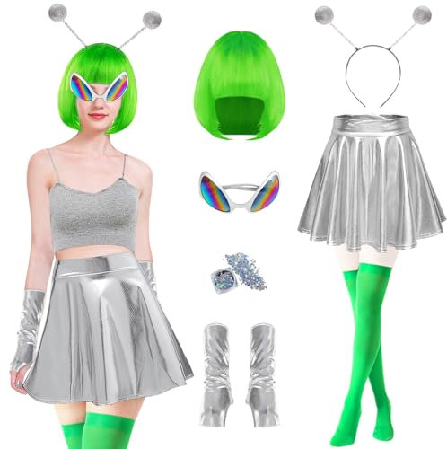 Alien Kostüm Damen Set-7Stück mit Perücken Rock Strümpfe, Silberne Handschuhe Alien Brille, Haarband, Pailletten, Alien Space Kostüm Damen für Karneval Maskeraden Cosplay Kostüm (Silber Grün, L)