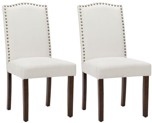 Refined Living Esszimmerstuhl Set 2er, Modern Esszimmerstühle mit Gepolstertem Leinenstoff und Nieten, Massivholzrahmen, Stabil und Langlebig, Perfekt für Wohnzimmer und Küche, Grau, Beige
