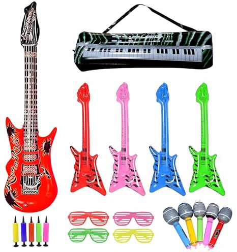 9 Stück Aufblasbare Gitarre Set, Luftgitarren Zum Aufblasen, Aufblasbare Instrumente, Fotobox Accessoires Hochzeit Party Accessoires Brille Mikrofon Bass E-Klavier Für Musik Party Dekoration 80er﻿