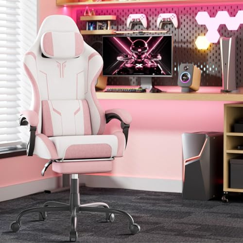 Alpstorm Gaming Stuhl mit Verstellbarer Rückenlehne & Lendenkissen - Hochwertiges atmungsaktives Stoff-PU-Leder Hybridmaterial, Robuster PC-Bürostuhl mit ausziehbarer Fußstütze (Pink)