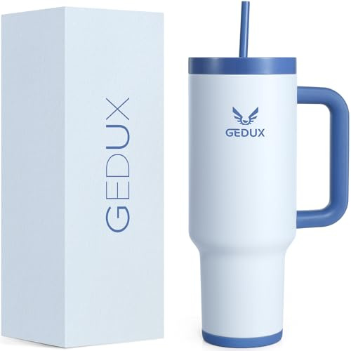 Gedux 1200ml Tumbler with Handle, 2-in-1 Leak Proof Lid (Straw/Flip), Insulated Water Bottle, Stainless Steel Tumbler with Non-Slip Silicone, Wide Mouth Travel Mug Cupholder Friendly Dishwasher Safe