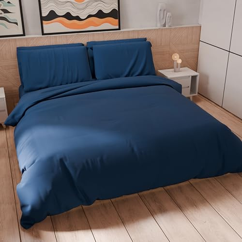 PETTI Artigiani Italiani - Double Duvet Cover Set 200 x 200 cm (2 Pillowcases 63 x 63 cm Included), Soft Microfibre Duvet Cover Set, Solid Colour Night Blue