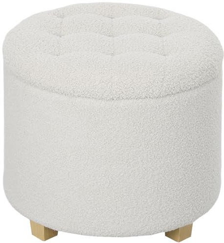 HOMCOM Sitzhocker mit Stauraum, Kleiner Hocker mit Deckel, Runder Fußhocker mit Holzbeinen, Kaschmiroptik, Polsterhocker für Wohnzimmer Schlafzimmer, 45 x 45 x 41 cm, Weiß