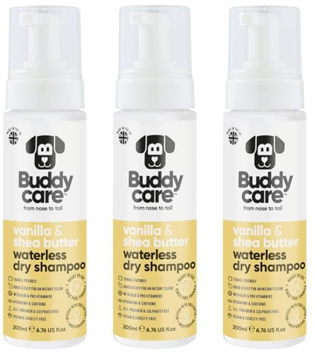 Buddycare Waterless Dry Shampoo for Dogs (200ml x3) | Vanilla & Shea Butter No Rinse Dog Shampoo Sensitive Skin | Natural, Easy-to-Use for Fresh, Clean Fur - Ideal for All Breeds and Sizes