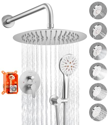 VEVOR Shower Faucet Set, Rainfall Bathroom Shower System with 10-Inch (25.4cm) Round Rain Shower Head and Handheld Spray, Wall Mounted Bath Fixtures with Brass Valve and Trim Kit, Brushed Nickel