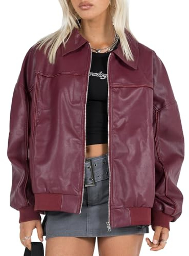 Feclmiyt Damen Oversized Lederjacke Y2k Faux Boyfriend Motorrad Lange Ärmel Reißverschluss Biker Mäntel Bomberjacken Cardigan Streetwear