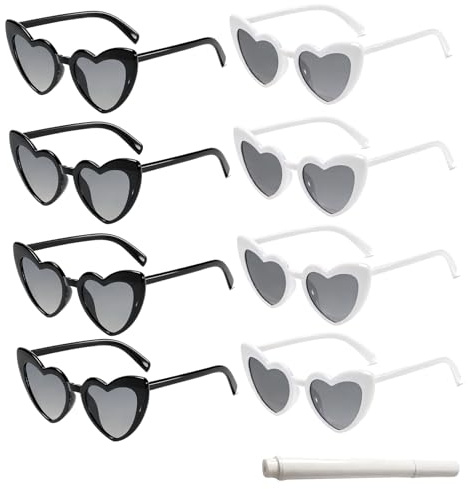 ZY-otu Herz Sonnenbrille für Damen und Herren Weiß und Schwarz 8-teilig | Partybrillen mit Weißem Stift, Retro Herzbrille, Strand, Festival, Hochzeit & Junggesellenabschied, UV-Schutz PC-Gläser