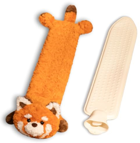 Long Hot Water Bottle,Fox Raccoon Hot Water Bottle with Animal Fleece Cover,1L Long Natural Rubber with Removable,for Neck Back Legs Arthritis Period Pain Hand Bed Warmer (A)