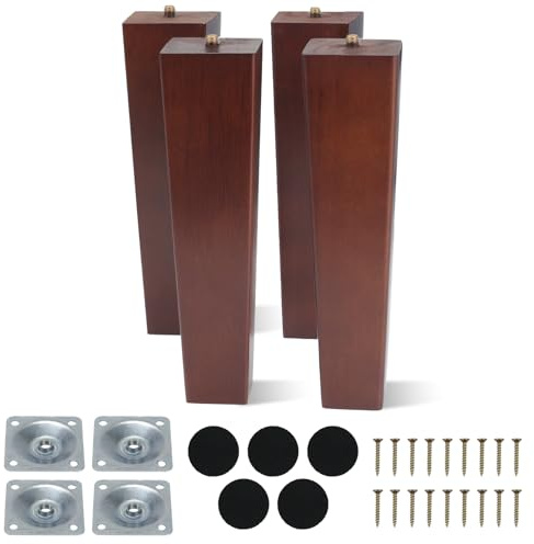 COEWUR 4 Pezzi 20 CM Piedini per Mobili in Legno Gambe per Mobili in Legno Gambe Quadrate Gamb di Ricambio per Divano con Piastra di Montaggio Pad Antiscivolo Viti per Tavolo Letto Armadio Colore Noce