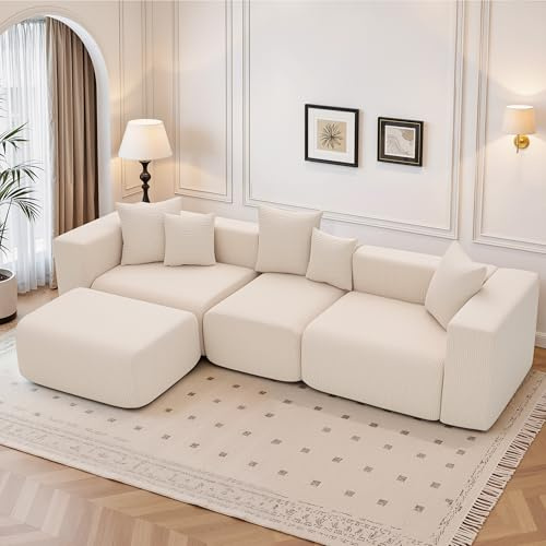 AVAWING 117.3 Boneless Couch, Modular Sectional Sofa with Ottomans,L-shaped Cloud Couch with Deep Seat and Wide Armrest,Corduroy Couch for Living Room Bedroom,Sofa Bed,No Assembly Required,Beige