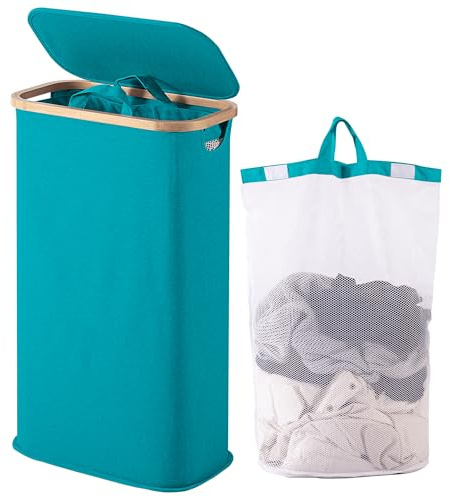 Vencier 60L Slim Laundry Hamper with Lid, Narrow Foldable Laundry Basket with Removable Bag & Bamboo Handles, Thin Dirty Clothes Hamper for Bathroom, Bedroom, Dorm (Teal, 60L)