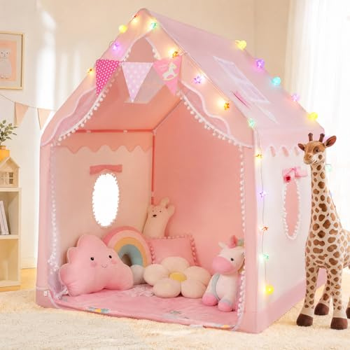 2 IN 1 Kinderzelt,Kinder Spielhaus Indoor mit Matte und Lichtern, Kinder Bettzelt,Spielzelt für Drinnen,Prinzessin Zelt, Kinderspielhaus, Kinderzimmer Dekor ab 3 Jahre,5 Jahre Garantie