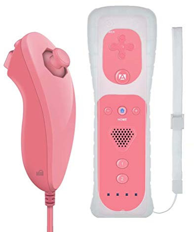 GN-009RN Unique Design Wireless Remote Controller & Nunchuck Controller with Silicon Case and Wrist Strap for Nintendo Wii & Wii U & Mini Wii - Hot Pink