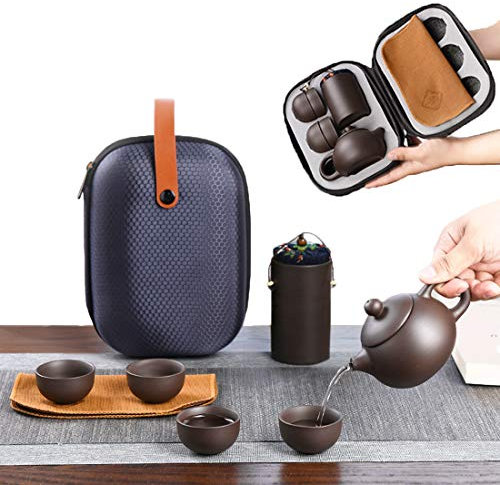 CAISANG Ceramic Travel Tea Sets 6Pack Chinese Kungfu Tea Set Porcelain Teapot, Tea Canister, 4 Teacups,Tea Mat and Portable Travel Bag Purple Clay tea pot set for Travel, Home, Outdoor, Office