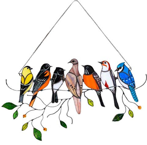 Bozaap Stained Glass Panels,Stain Glass Window Hangings Bird Ornaments Art Glass Panel Hanging For Window, Car, Wall, Patio, Garden (B)