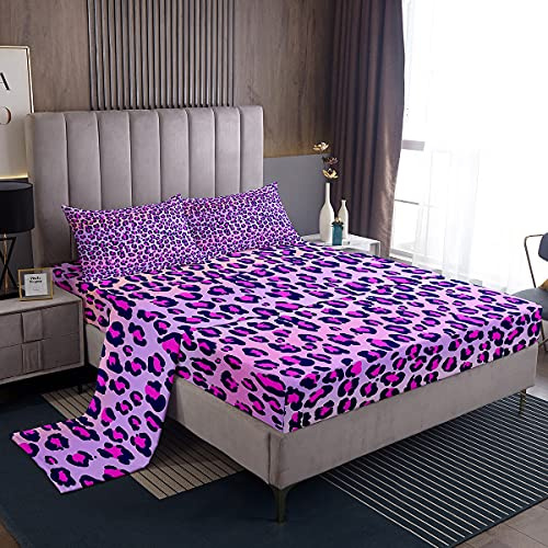 Loussiesd, Parure di lenzuola per letto singolo, motivo leopardato viola, per bambine e ragazze (lenzuolo di sopra, lenzuolo con angoli, 1 federa)