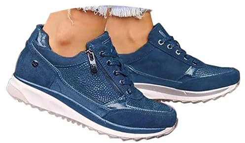 Onsoyours Zapatos Casuales de Las Mujeres de la Manera de la Cuña de Los Planos de la Cremallera del Cordón para Arriba Señoras Zapatillas de Deporte (Azul, Numeric_40)