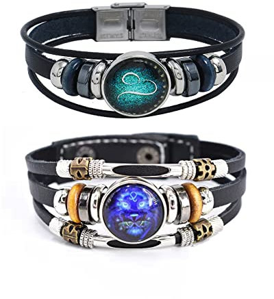 2Pcs Multilayer Constellation Zodiac Leather Bracelet Handmade Woven Zodiac Sign Wrap Bracelet Wristband for Women Men Jewelry Birthday Gift, 8.26' and 8.5' (adjustable), Leather, no gemstone