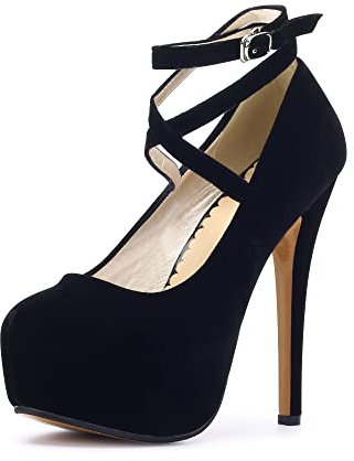 Womens High Heel Ankle Strap Platform Pump Wedding Evening Party Court Shoes RM Black Tag 46-UK 10