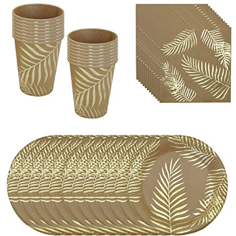 ZOOMPIL Partyzubehör Pappteller Set, Palmblatt Geschirr Pappteller, Kraftpapier Palmblatt Pappbecher Servietten Geschirrset für Dschungelparty, Tierparty, Babyparty Dekoration 16 Gäste