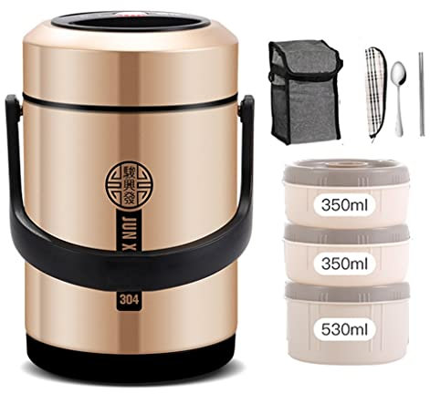 67oz Vacuum Thermos Food Jar Set With Insulated Handbag & Tableware, 3 Tier Stainless Steel Bento Carrier Soup Container Leakproof Stackable Soup Lunch Box For Office Picnic ( Size : Champagne gold )