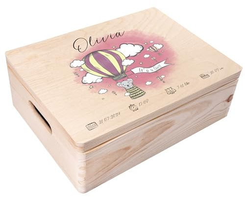 Creative Deco Erinnerungsbox Baby Personalisierte mit Namen - Koala Rosa | Individuelle Erinnerungskiste Geschenk zur Geburt für Mädchen und Jungen | Holzkiste mit Deckel | Farbdruck