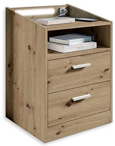 LUMO Nachttisch in Artisan Eiche Optik - Funktionaler Nachtschrank mit USB-Anschluss und LED-Beleuchtung - 46 x 67 x 42 cm (B/H/T)