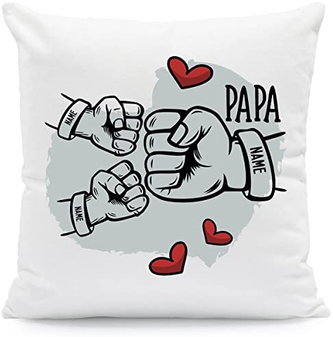 GRAVURZEILE Bedrucktes Kissen - Papa Fist Bump - Personalisiert mit Namen & Datum - Persönliches Geschenk für Papa Vater zum Vatertag Geburtstag - Farbe 2 Kinder, Größe mit Füllung