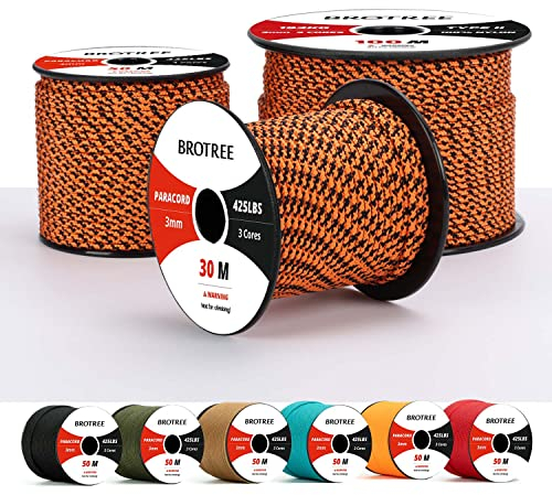 Brotree Paracord 3mm 50M 100% Nylon Seil Schnur Typ II Paracord 425 mit 3 Kern für Survival, Outdoor, Armband, Basteln - Bruchlast 192kg (Schwarze Witwe)