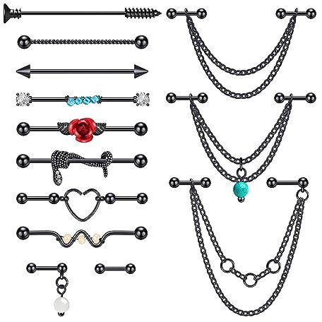 Longbeauty 14G 16G Ohrenpiercing Set Helix Ohrstecker Ohrringe Industrial Barbells Knorpel Tragus Cartilage Rook Piercing Studs, 13 Stk, Schwarz