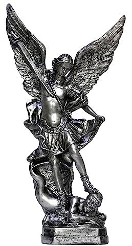SAINWORDS St. Michael San Miguel Arcangel Statue Saint Erzengel Michael Religiöse Sammlerstück Battle Angel Skulptur Christliche katholische Figuren (Silber)