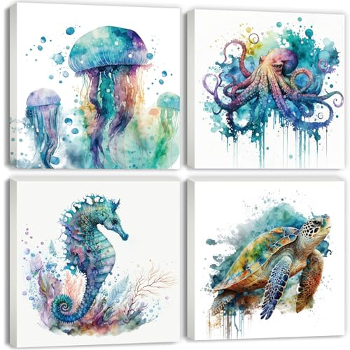 YOOOAHU Strand-Wandkunst, Badezimmer-Dekor, Aquarell, Ozeantiere, Meeresschildkröte, Krake, Seepferdchen, Quallen, Leinwandbilder für Wohnzimmer, Küste, Meereslebewesen, Poster, modernes Kunstwerk,
