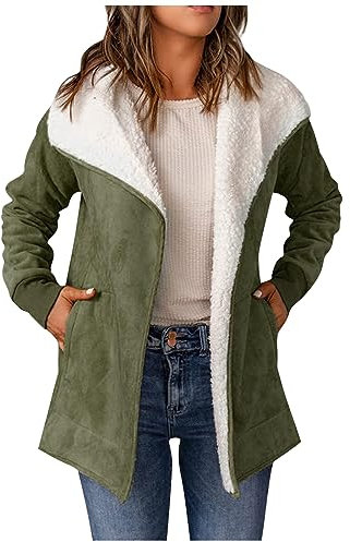 Azruma Damen Winterjacke Pulli Damen Kugelsichere Weste Frauen Warm Schaffell Gefüttert Einfarbig Offene Teddyfutter Revers Langarm Jacke Mit Taschen Arbeitsjacke Damen (Armeegrün, M)