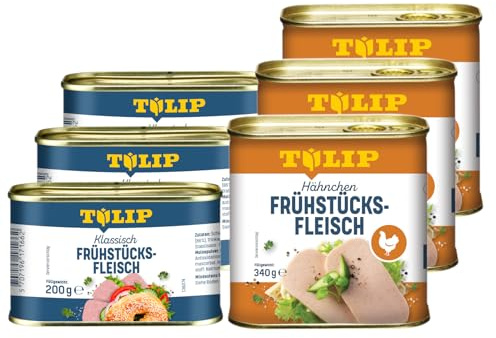 TULIP 3x Schweine-Frühstücksfleisch 200g + 3x Hähnchen-Frühstücksfleisch 340g | leckeres Schweine und Hähnchenfleisch | 86% Schweineflesich und 80% Hühnerfleisch