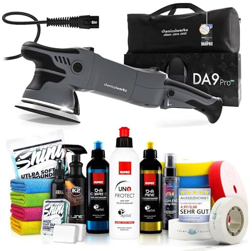 Poliermaschinen Set: chemicalworkz DA9 Pro Max Exzenter Poliermaschine + Rupes Politur Set + Royal Pads Premium Polierpads + Dr. Wack Versiegelung für Lack + Zubehör | 20-teilig