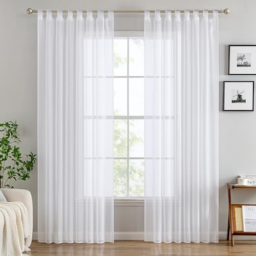 EMEMA Gardinen Transparent Vorhang Set Wohnzimmer Voile Schlaufenschal mit Bleibandabschluß 2er-Pack Wohnzimmer Luftig Dekoschal für Schlafzimmer 140 X 260 cm (B x H) Weiß