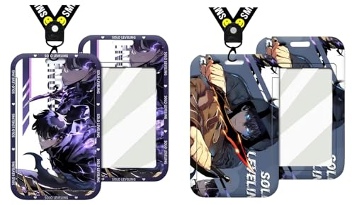 2 Pcs Solo Leveling Anime Porte Badge avec Lanière Tour de Cou, Lanyard avec Porte Cartes, Pour Cartes D'identité Clés Articles Bureau L'école Carte de Bus