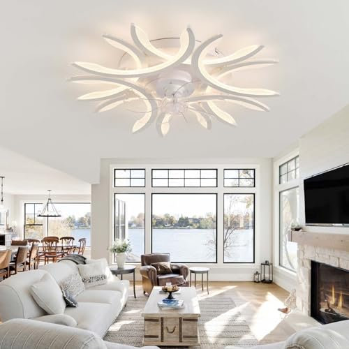KVOYYIRA Lampara Ventilador Techo Flores Con Mando A Distancia APP, Ventilador Techo Con Luz Reversible 6 Velocidades Silencioso, Ceiling Fan with Light LED Regulable Función Memoria Para Salón-White