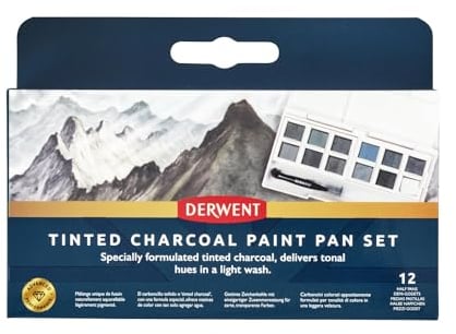 Derwent Tinted Charcoal Paint Pan Set, Set of 12, Half Pan Size, Water-Soluble, Ideal for Painting Landscapes, Professional Quality, Travel Size, 2306249