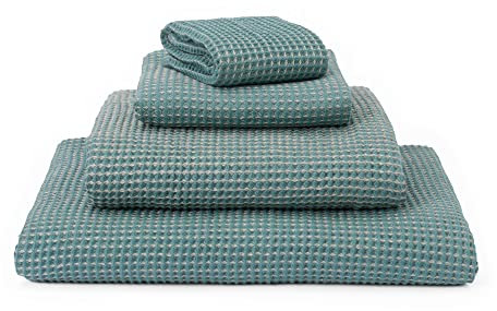 URBANARA Premium Handtuch Set Kotra - 50% Leinen & 50% Baumwolle - 2X Handtuch 2X Duschtuch, schnelltrocknend & fusselfrei Waffelpique Öko-Tex 100 - Grüngrau & Natur