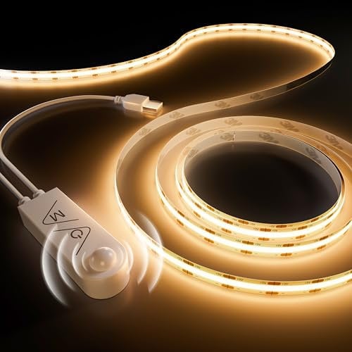 PAUTIX Motion Sensor USB COB LED Strip 3M Warm White 3000K, 5V Movement Activated Auto ON/Off LED Tape, Dimmable 960LEDs Bright Lights, PIR Sensing LED Strips for Stairs, Under Bed, Mirror, Cabinet