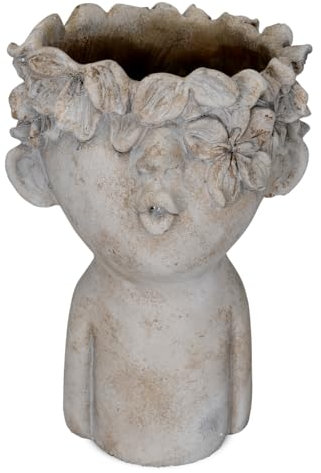 matches21 HOME & HOBBY Hübscher Blumentopf Kopf mit Gesicht und Blumen-Krone grau - 26 x 21 cm Zement Pflanzkopf als Zimmerpflanzen Tisch-Deko - Pflanzentopf für die Haustür als Hauseingang Flur-Deko