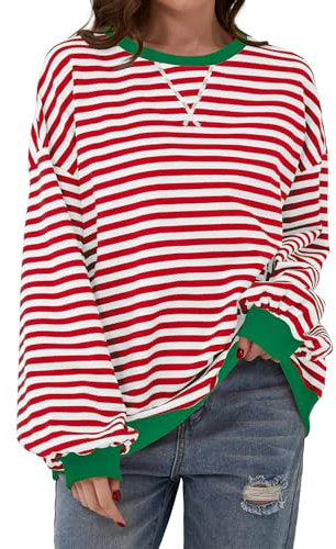 DUOEASE Weihnachtspullover Damen Streifen Oversize Pullover Langarm Herbst Rundhals Sweatshirt Oberteile Groß