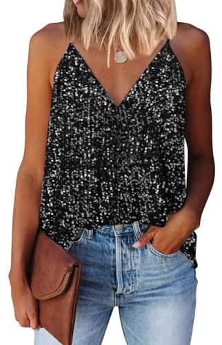 AirMood Frauen Sexy V-Ausschnitt Sparkle Shimmer Tank Westen Pailletten Tops Las Vegas Disco Pailletten Tank, Silber, XL