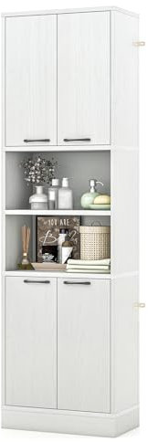 TANGZON 190CM Tall Kitchen Cupboard, 4-Door Storage Cabinet with Enclosed Cabinets, Open Compartments & Anti-tipping Kits, Freestanding Wooden Tall Sideboard for Pantry Dining Living Room (White Oak)