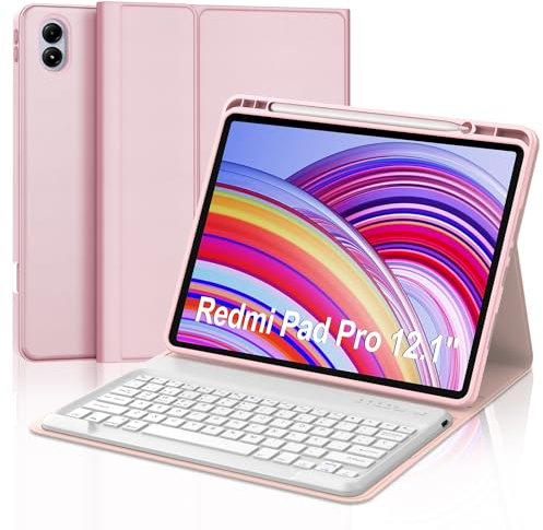 Funda con Teclado para Redmi Pad Pro/Xiaomi Poco Pad 12.1, Teclado Bluetooth Inalámbrico Desmontable con Funda Protectora Delgada para Tablet Xiaomi Redmi Pad Pro/Poco Pad 12.1 Pulgadas, Rosa